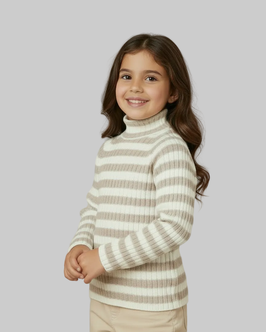 Maglietta lupetto costine bambina mayoral righe beige e panna Mayoral Beige
