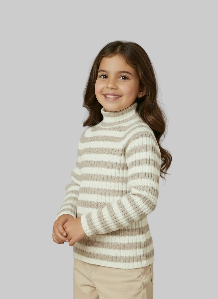 Maglietta lupetto costine bambina mayoral righe beige e panna Mayoral Beige