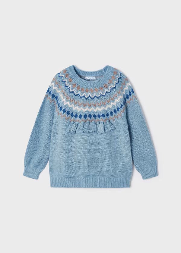 Maglione maglia jacquard dettaglio frange bambina Mayoral azzurro - ErreGiModaBimbo