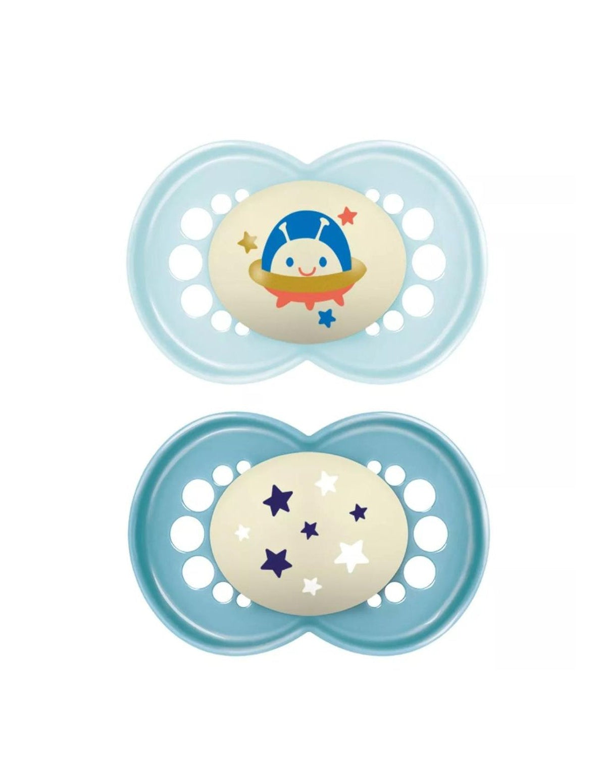 Succhietto con tettarella simmetrica e piatta, facile da trovare al buio, in confezione MAM Original Night