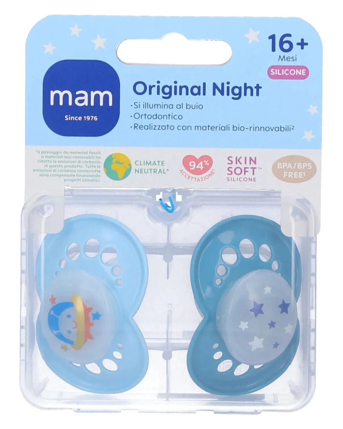 Set 2 ciucci che brillano al buio MAM Original Night, succhietti in silicone per bambini oltre 16 mesi