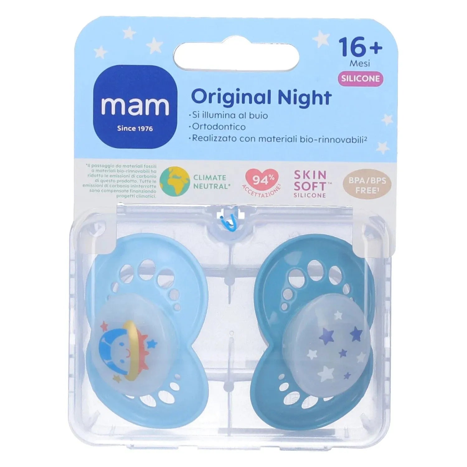 Set 2 ciucci che brillano al buio MAM Original Night, succhietti in silicone per bambini oltre 16 mesi
