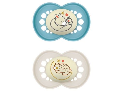 Succhietti MAM con disegni di animali, illuminanti al buio, silicone morbido