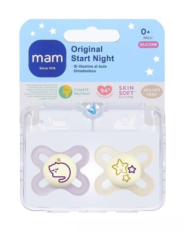 Set di ciucci brillano al buio MAM Original Start Night con disegni di stelle e luna, confezione con due ciucci per neonati 0-2 mesi