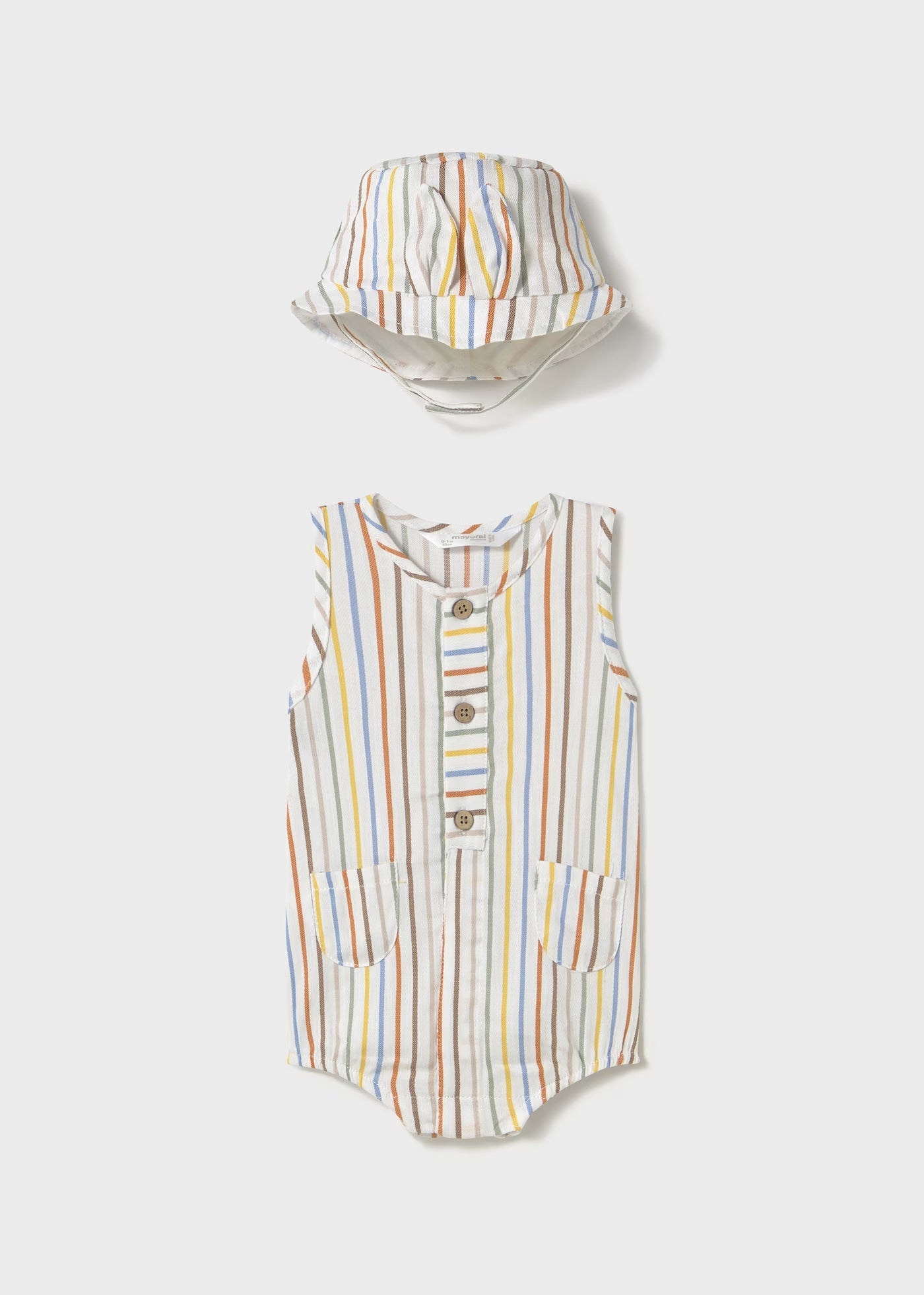 Pagliaccetto smanicato con cappello neonato Mayoral Newborn righe giallo-beige-arancio Mayoral Bianco