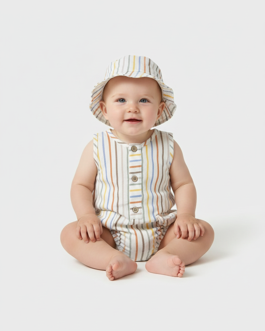 Pagliaccetto smanicato con cappello neonato Mayoral Newborn righe giallo-beige-arancio Mayoral Bianco