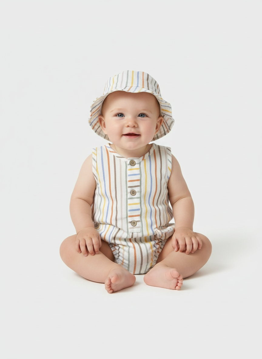 Pagliaccetto smanicato con cappello neonato Mayoral Newborn righe giallo-beige-arancio Mayoral Bianco
