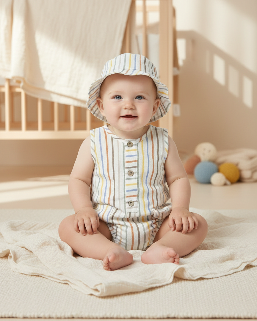 Pagliaccetto smanicato con cappello neonato Mayoral Newborn righe giallo-beige-arancio Mayoral Bianco