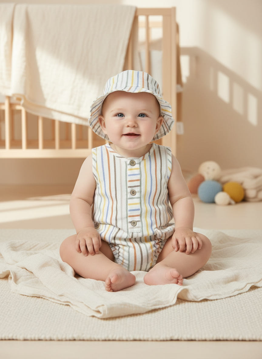 Pagliaccetto smanicato con cappello neonato Mayoral Newborn righe giallo-beige-arancio Mayoral Bianco
