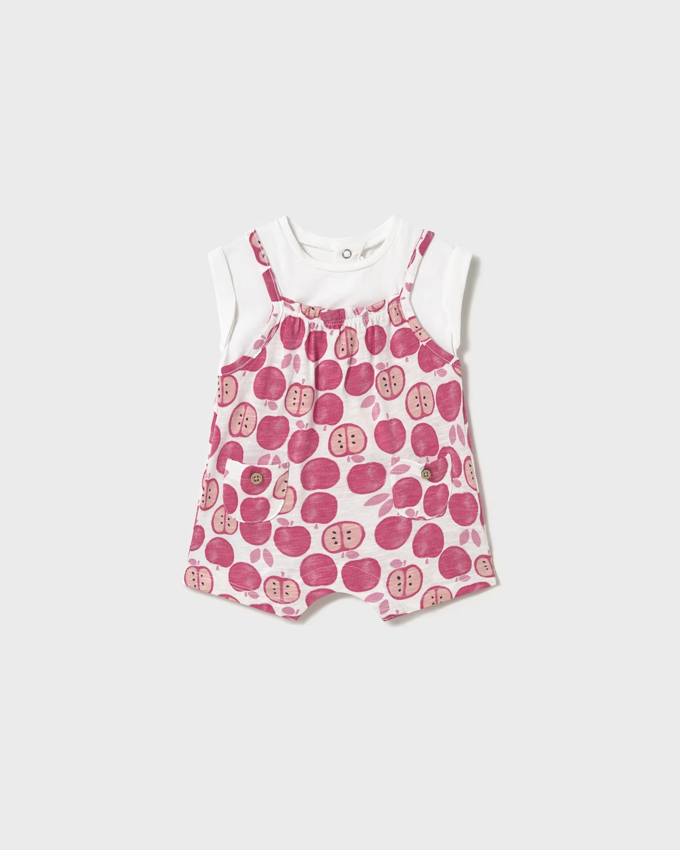 Pagliaccetto finta salopette neonata Mayoral Newborn color fragola stampa mele Mayoral Fragola
