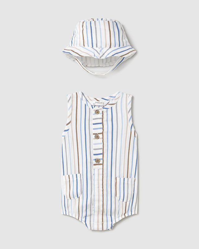 Pagliaccetto smanicato con cappello neonato Mayoral Newborn righe azzurre-beige Mayoral Bianco