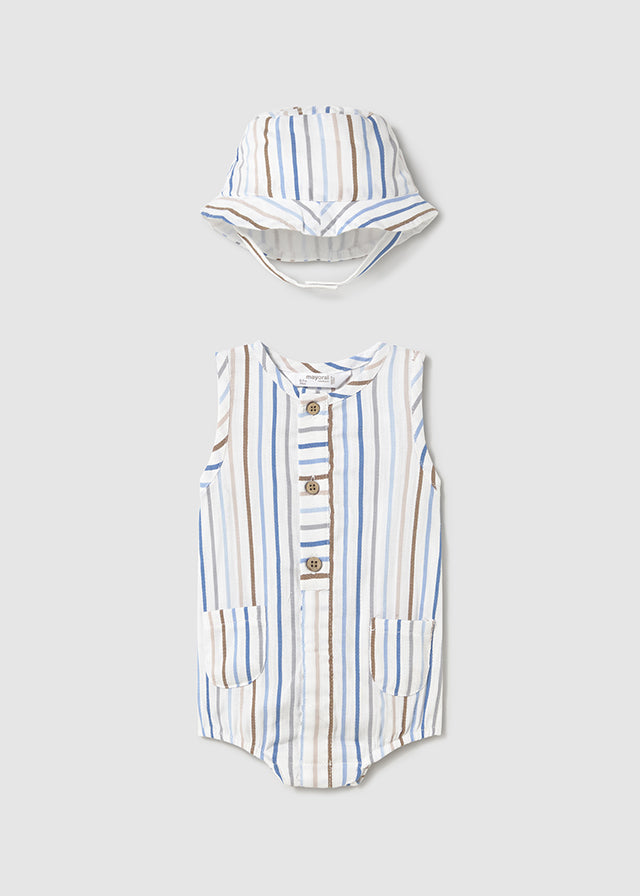 Pagliaccetto smanicato con cappello neonato Mayoral Newborn righe azzurre-beige Mayoral Bianco