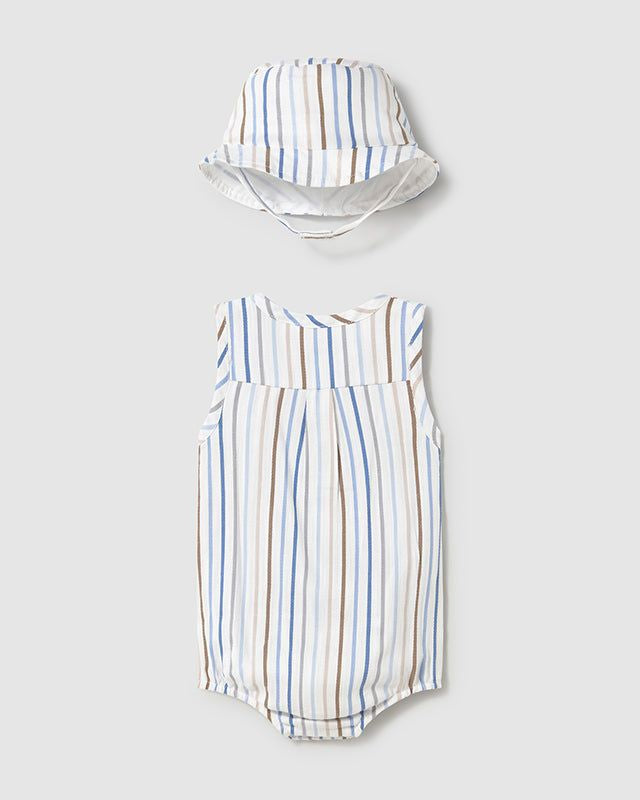 Pagliaccetto smanicato con cappello neonato Mayoral Newborn righe azzurre-beige Mayoral Bianco