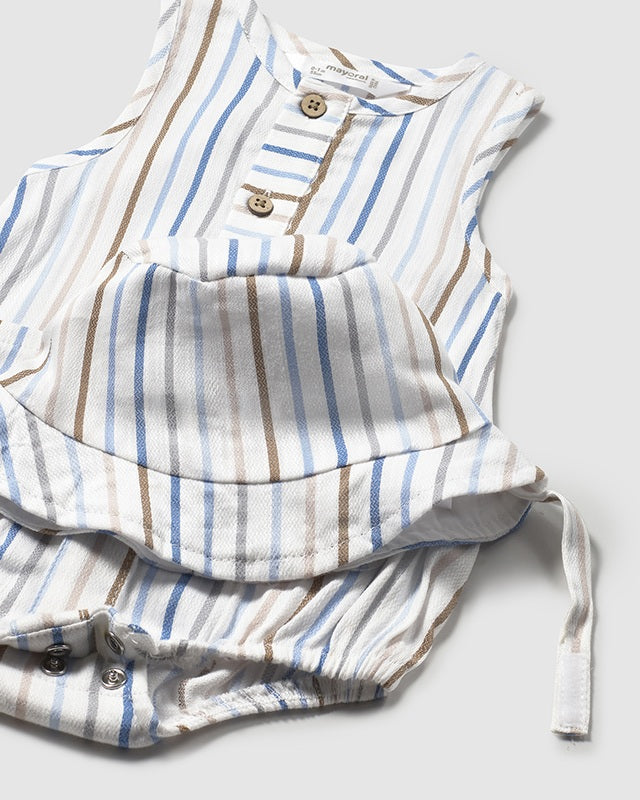 Pagliaccetto smanicato con cappello neonato Mayoral Newborn righe azzurre-beige Mayoral Bianco