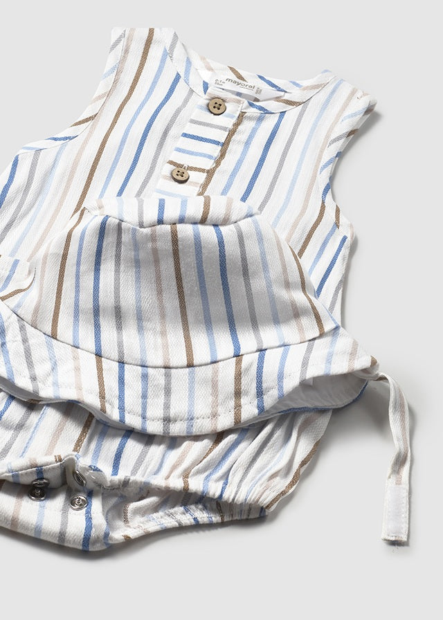 Pagliaccetto smanicato con cappello neonato Mayoral Newborn righe azzurre-beige Mayoral Bianco