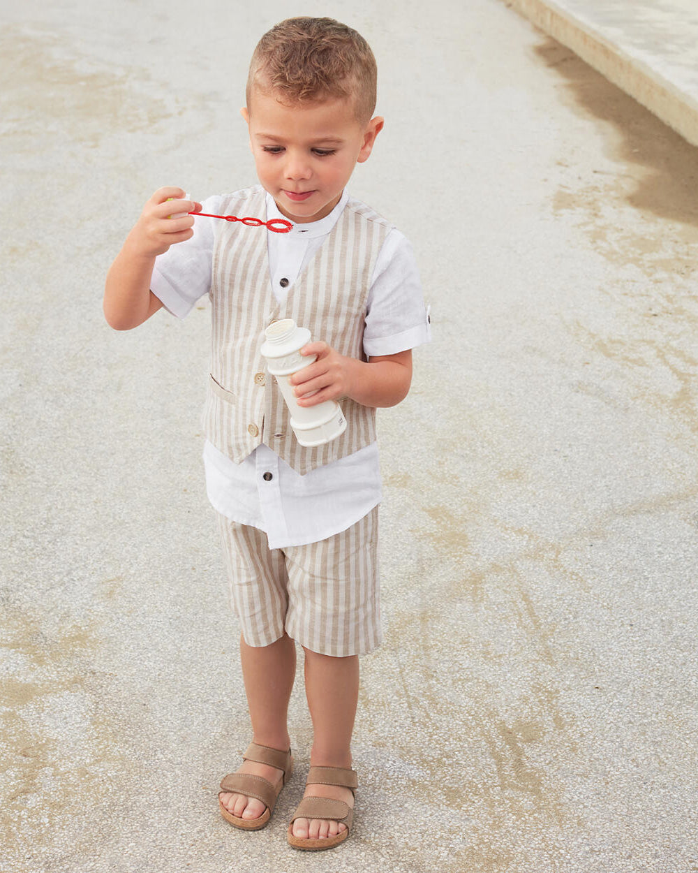 Pantalone corto elegante in lino bambino iDO fantasia righe beige iDO Beige