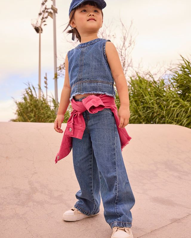 Pantaloni jeans bambina wide blu medio, abbigliamento primavera-estate