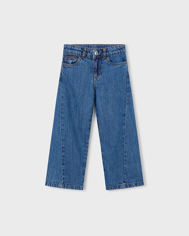 Pantaloni jeans bambina wide blu medio, dettaglio frontale