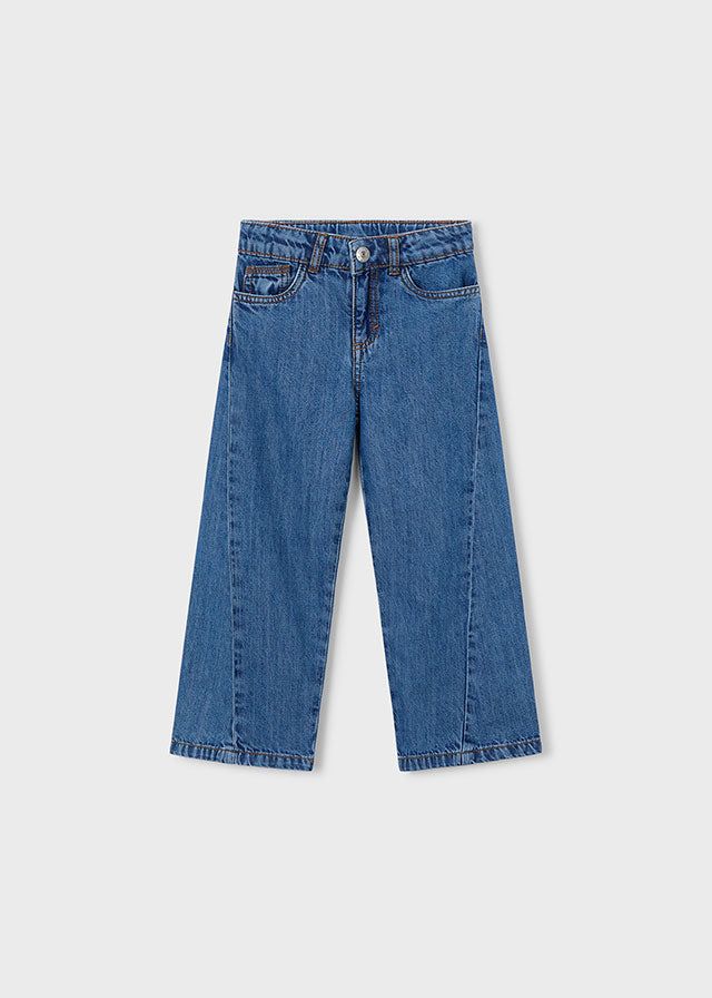 Pantaloni jeans bambina wide blu medio, dettaglio frontale