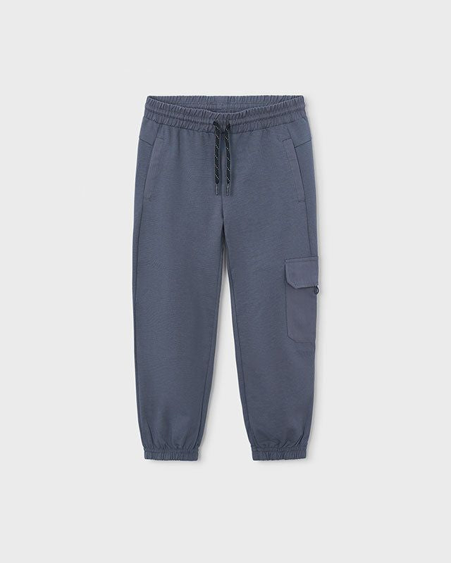 Pantaloni cargo bambino blu, elastici in vita e caviglie, tasca laterale