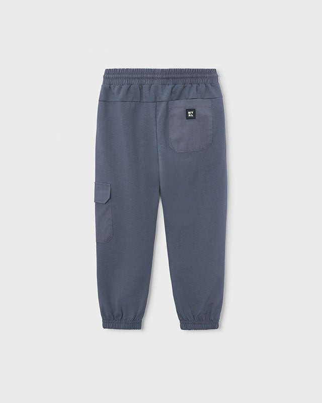 Pantaloni cargo bambino blu con tasca laterale, elastici in vita e caviglie