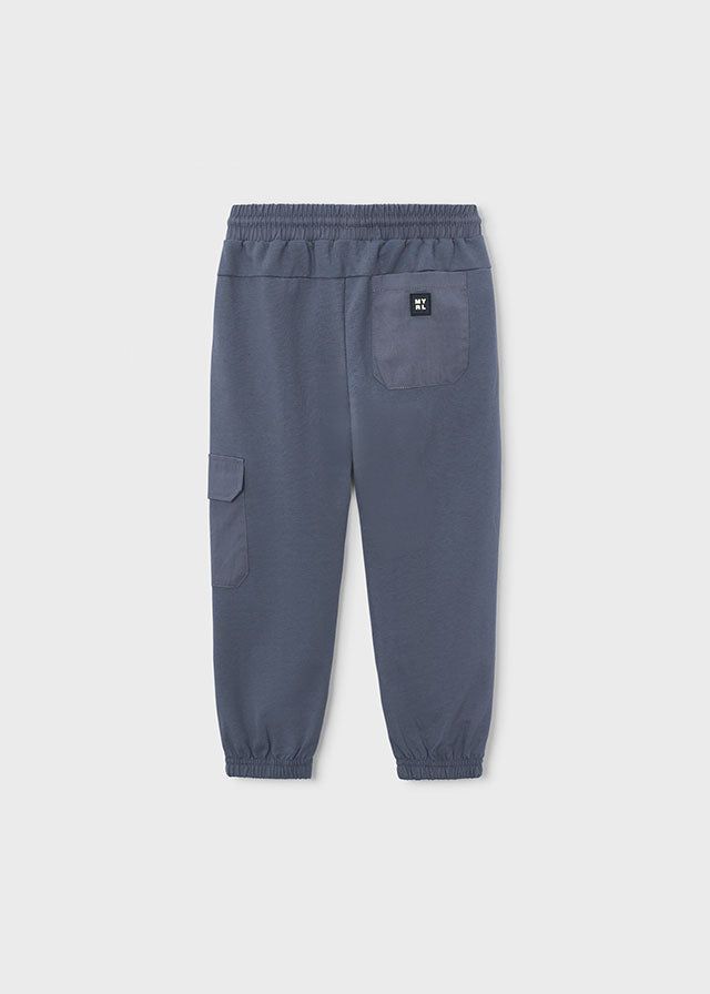 Pantaloni cargo bambino blu con tasca laterale, elastici in vita e caviglie