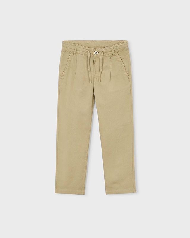 Pantaloni chino in lino beige bambino, vestibilità elegante, tessuto leggero e traspirante, primavera estate
