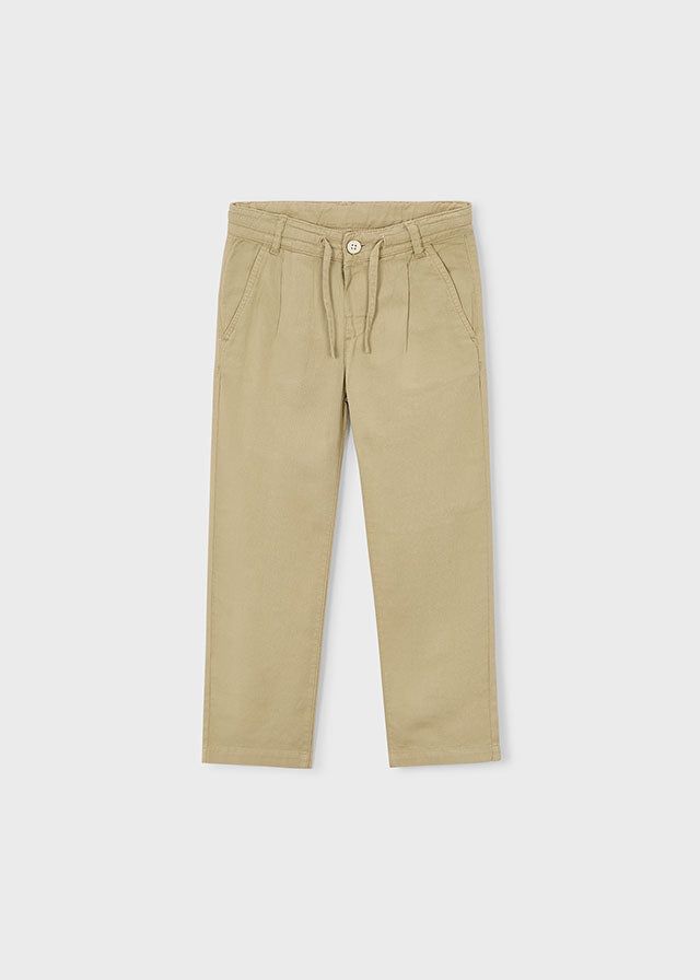 Pantaloni chino in lino beige bambino, vestibilità elegante, tessuto leggero e traspirante, primavera estate
