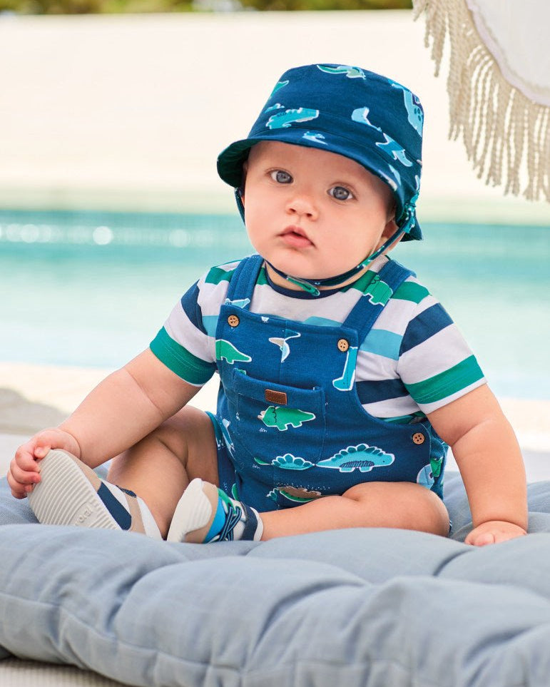 Salopette corta in cotone sostenibile con cappello neonato blu - ErreGiModaBimbo