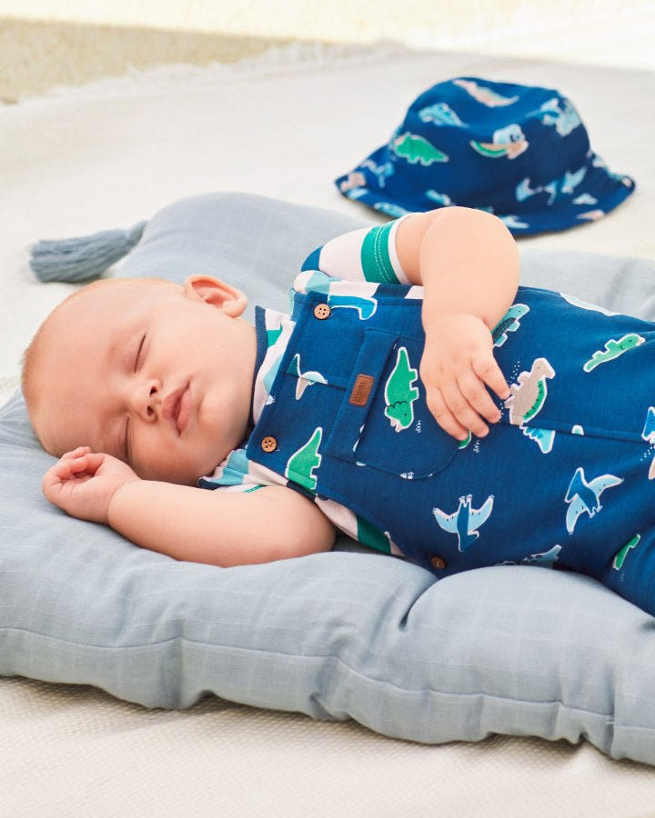 Salopette corta in cotone sostenibile con cappello neonato blu - ErreGiModaBimbo