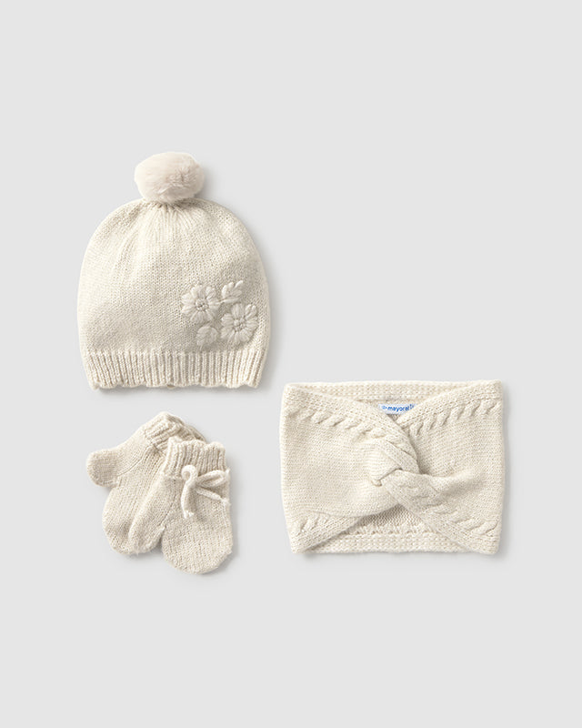 Set 3 pezzi cappello e scaldacollo + guanti neonata Mayoral panna Mayoral 6 Mesi 68cm