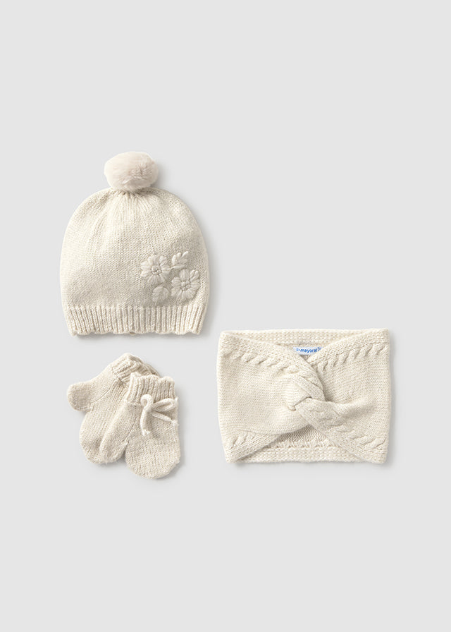 Set 3 pezzi cappello e scaldacollo + guanti neonata Mayoral panna Mayoral 6 Mesi 68cm