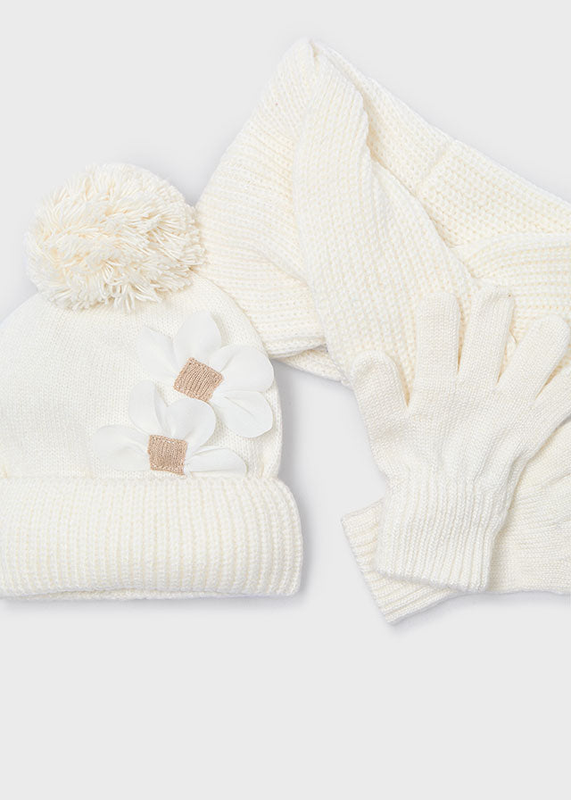Set 3 pezzi cappello+scaldacollo+guanti bambina Mayoral fiore panna Mayoral 4 Anni 104cm