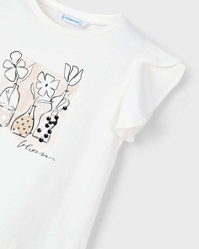 T-Shirt bambina Mayoral applicazini paillettes fiori panna Mayoral Panna