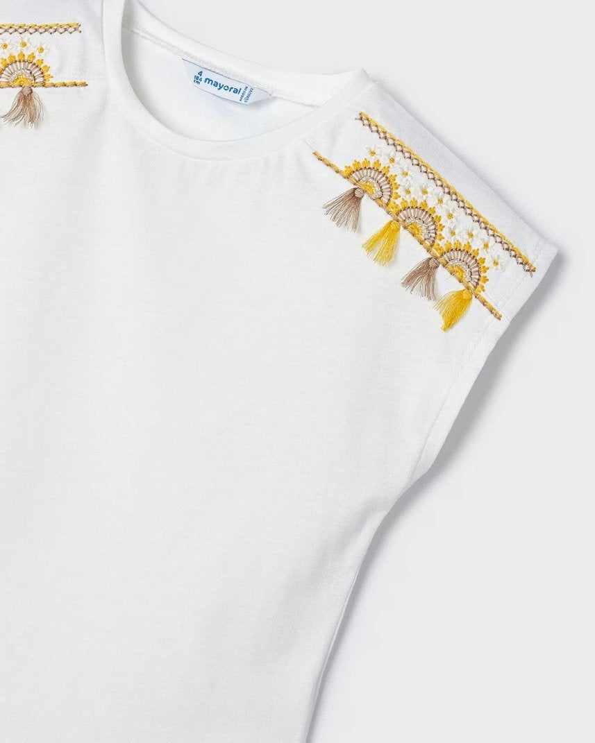 T-Shirt bianca bambina Mayoral frange gialle - ErreGiModaBimbo