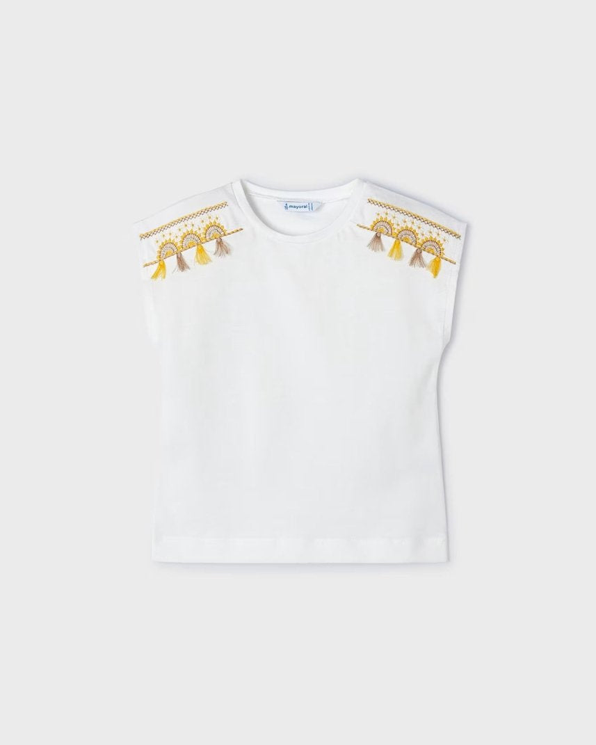 T-Shirt bianca bambina Mayoral frange gialle - ErreGiModaBimbo