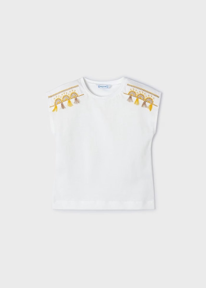 T-Shirt bianca bambina Mayoral frange gialle - ErreGiModaBimbo