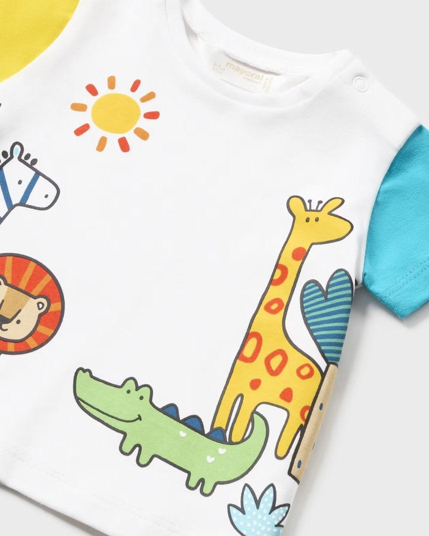 T-shirt estiva neonato Mayoral Newborn Safari colorata Mayoral Bianco