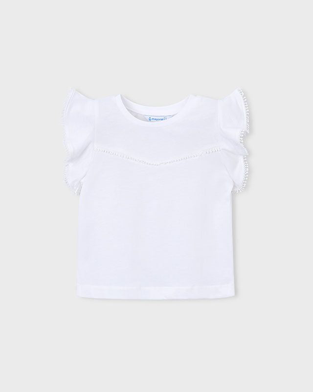 T-shirt bambina bianca con maniche a aletta e pizzo Mayoral 2 Anni 92cm