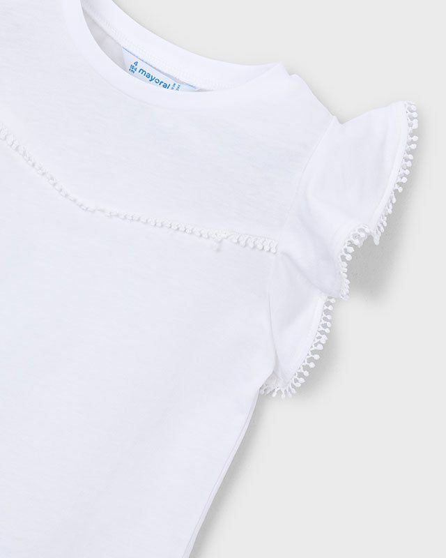 T-shirt bambina bianca con maniche a aletta e pizzo Mayoral 2 Anni 92cm