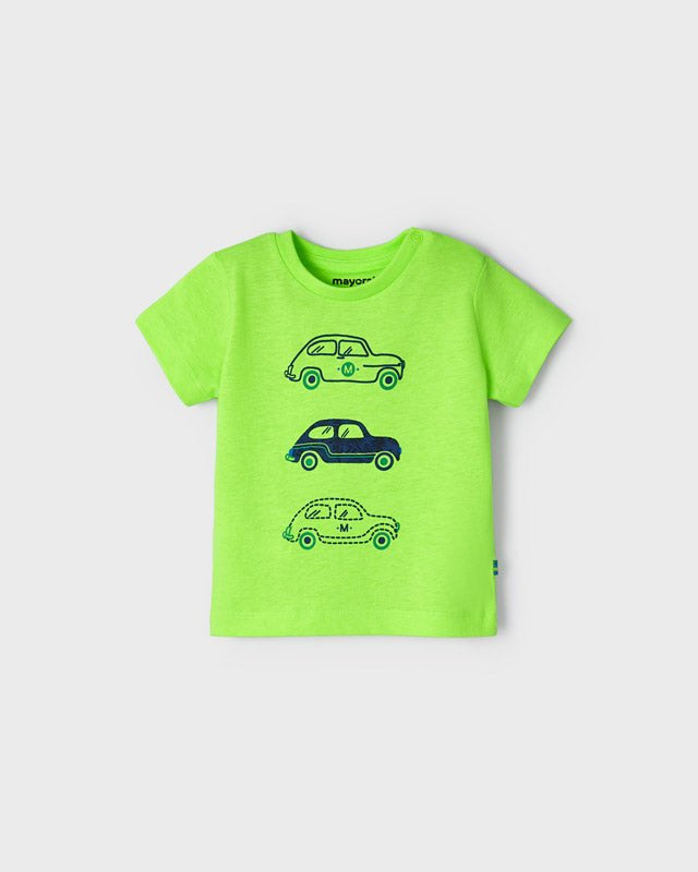 T-Shirt neonato Mayoral verde fluo stampa macchine - ErreGiModaBimbo