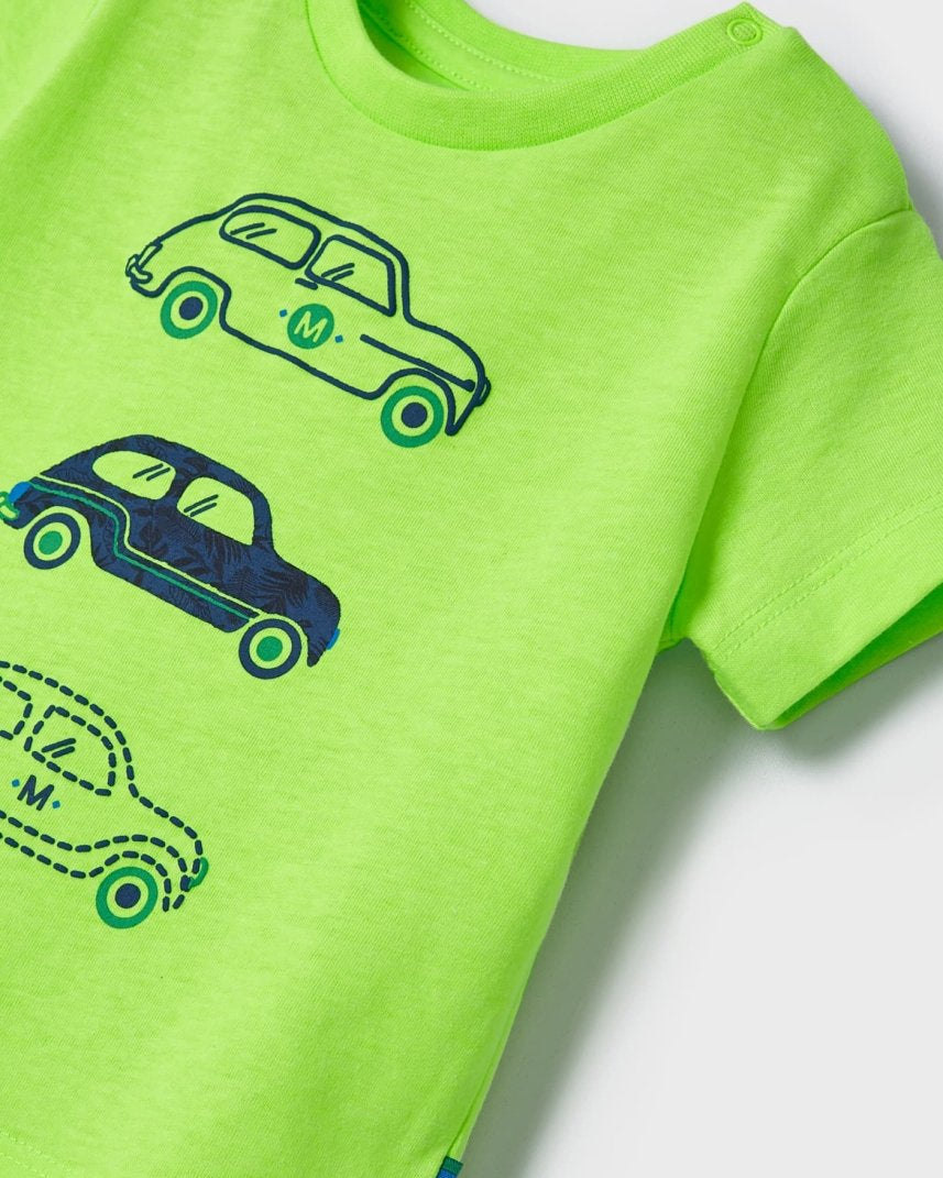 T-Shirt neonato Mayoral verde fluo stampa macchine - ErreGiModaBimbo