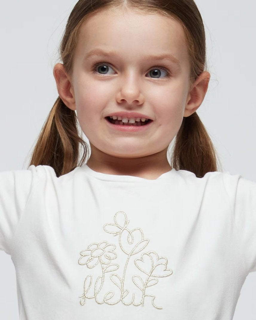 T-Shirt ricamata fresco cotone bambina Mayoral bianca Flower Mayoral Panna