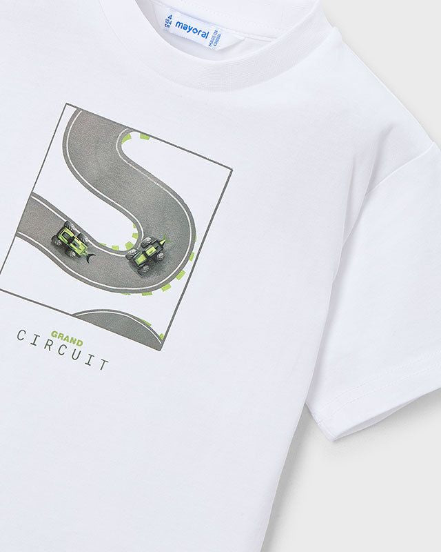Felpa bianca Mayoral con stampa strada e mini macchinine, tessuto morbido