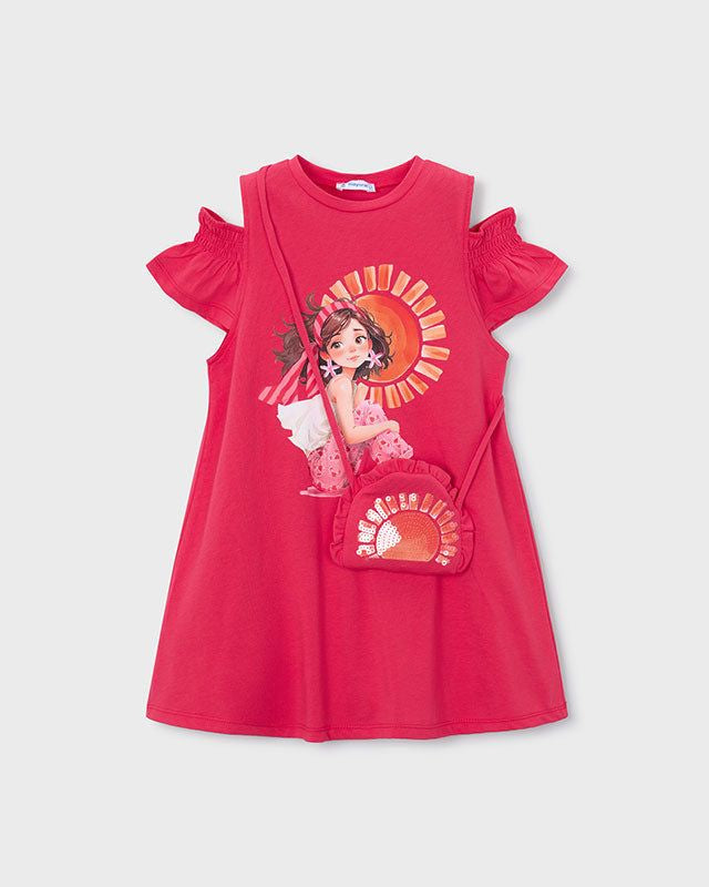 Vestito bambina Mayoral color papavero con borsa abbinata, stampa di una ragazza, maniche a volant, tessuto cotone primavera-estate