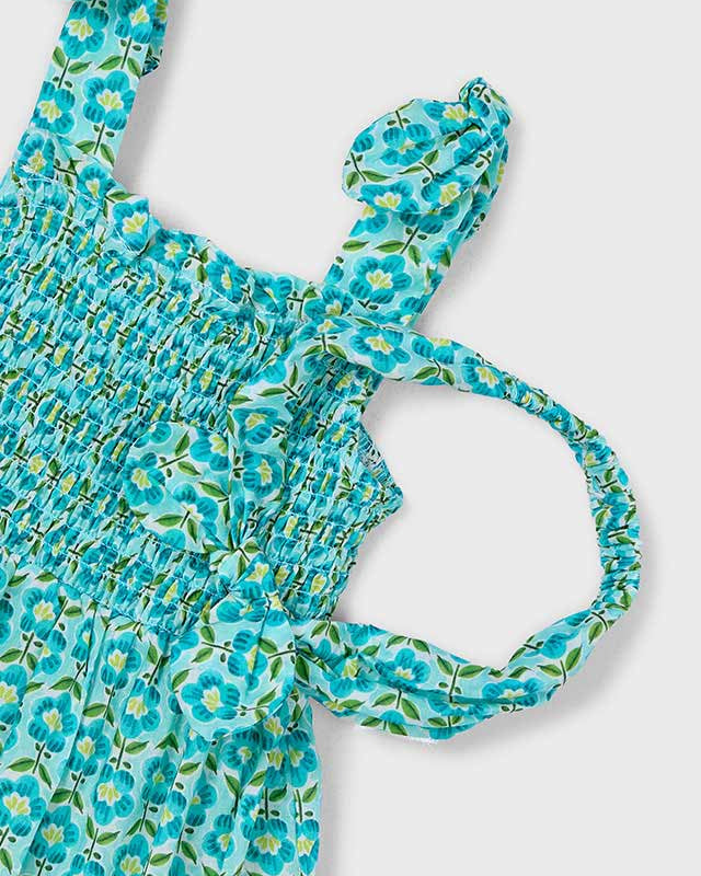 Dettaglio del vestito abbinato bambina Mayoral con stampa floreale, tessuto in cotone, abbigliamento bambina primavera-estate