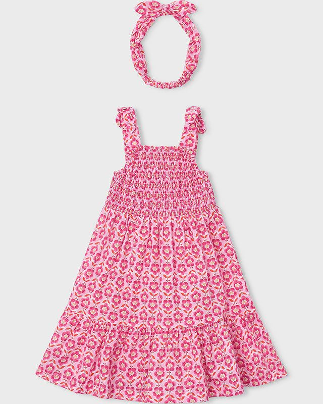Vestito bambina con stampa floreale rosa, fascetta abbinata, leggero, cotone primavera-estate
