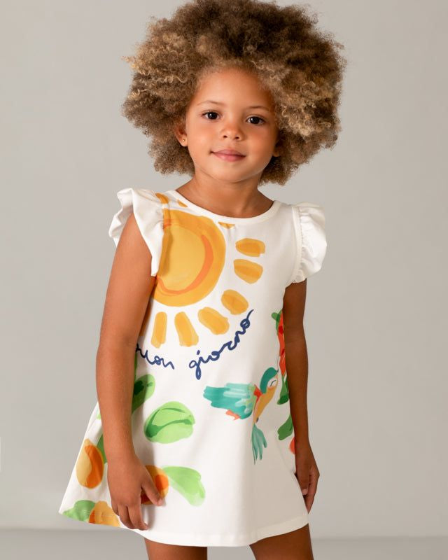 Vestito cotone bambina Mayoral con stampa 'Buon giorno' e dettagli a volant