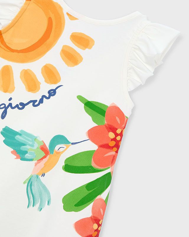 Dettaglio della stampa 'Buon giorno' e uccellino sul vestito cotone bambina Mayoral