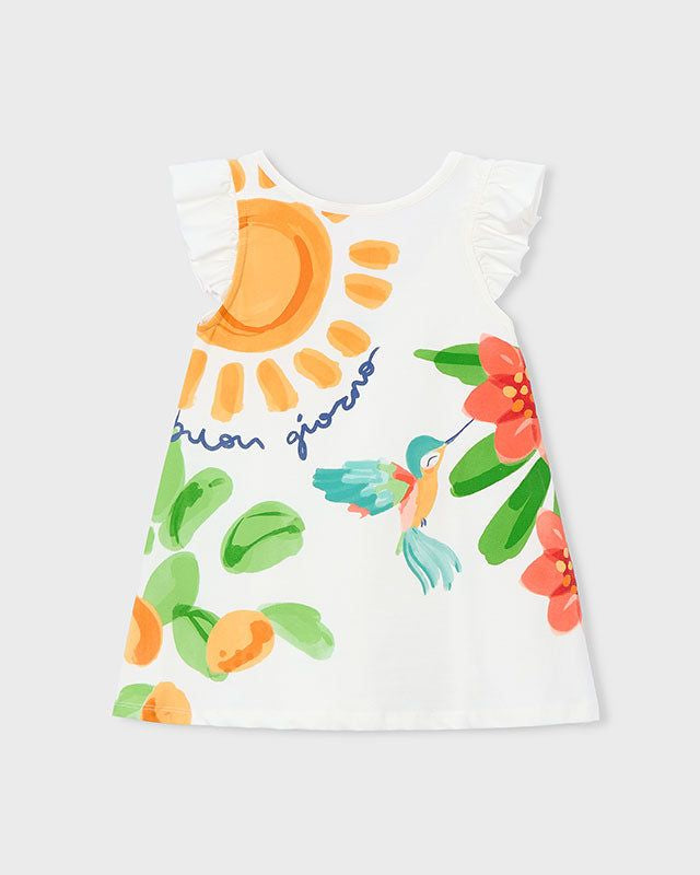 Vestito cotone bambina Mayoral senza stampa, fronte del vestito bianco con dettagli a volant
